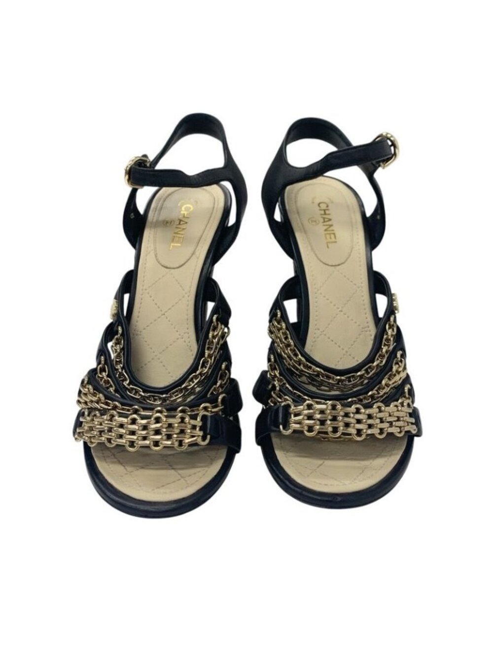 ★SOLD★ Chanel Sandals Shoes Leather Black Gold Coco Mark Chain Strap - Picture 2 of 9